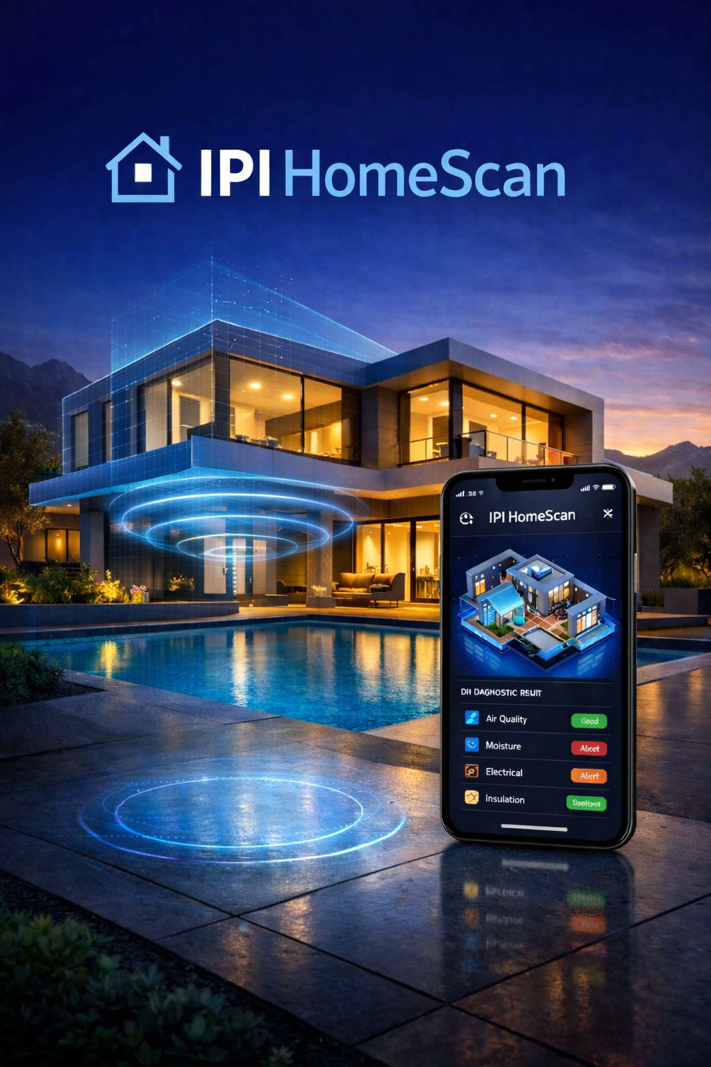 IPI Home Scan app preview showing smart home inspection with detailed reports and energy efficiency insights